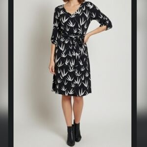 La Fée Maraboutée Leaf Print Midi Dress Black Cream Parisian style | 40/US 8-10